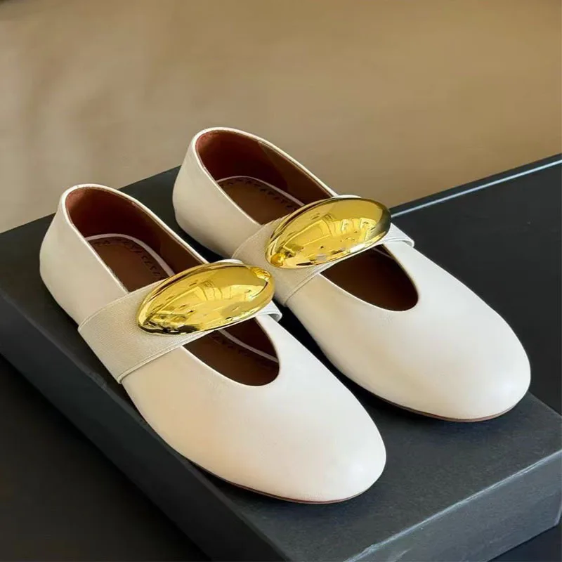 

Round Toe Metal Buckle Elastic Strap Flats Ballet Large Slip-On Mary Jane Leather Loafers Comfortable Soft Sole Women Shoes