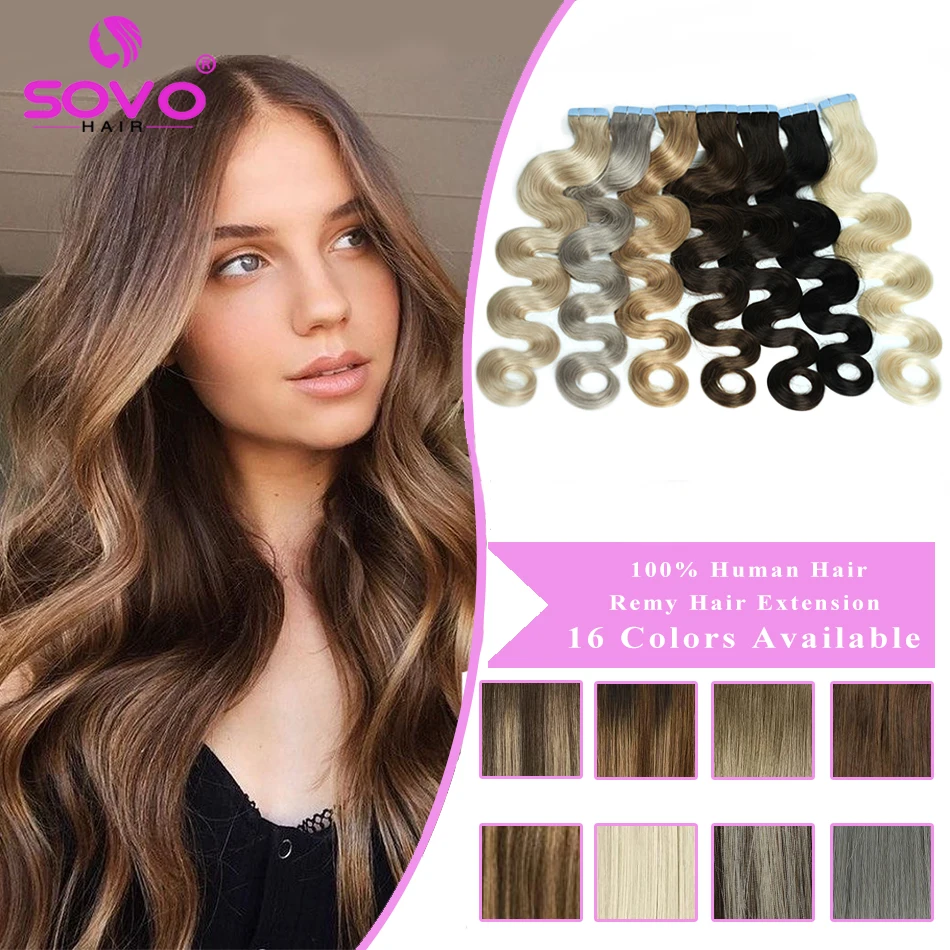 Tape in Hair Extensions Black Brown Mixed Blonde Real Human Hair Extensions Tape Ins Body Wave Reusable PU Skin Weft Glue in