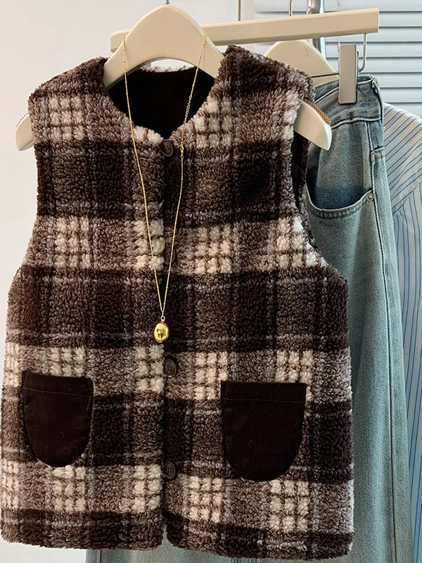 

Warmth Lamb Fur Vest Brand Women's Clothing Winter Outerwear Overlap Thermal Lamb Fur Jaet Cheered Pattern Commute Sle