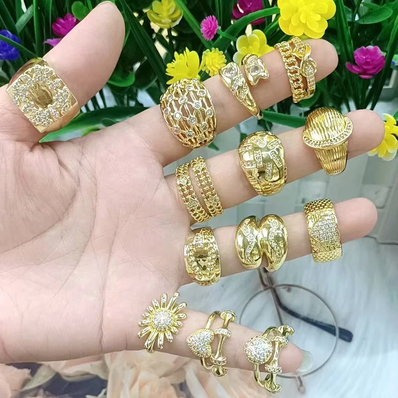 

10Pcs/White Crystal Heart Statement Rings for Women Copper Gold Plated Moon Round Rectangle Ring Women Jewelry Gift