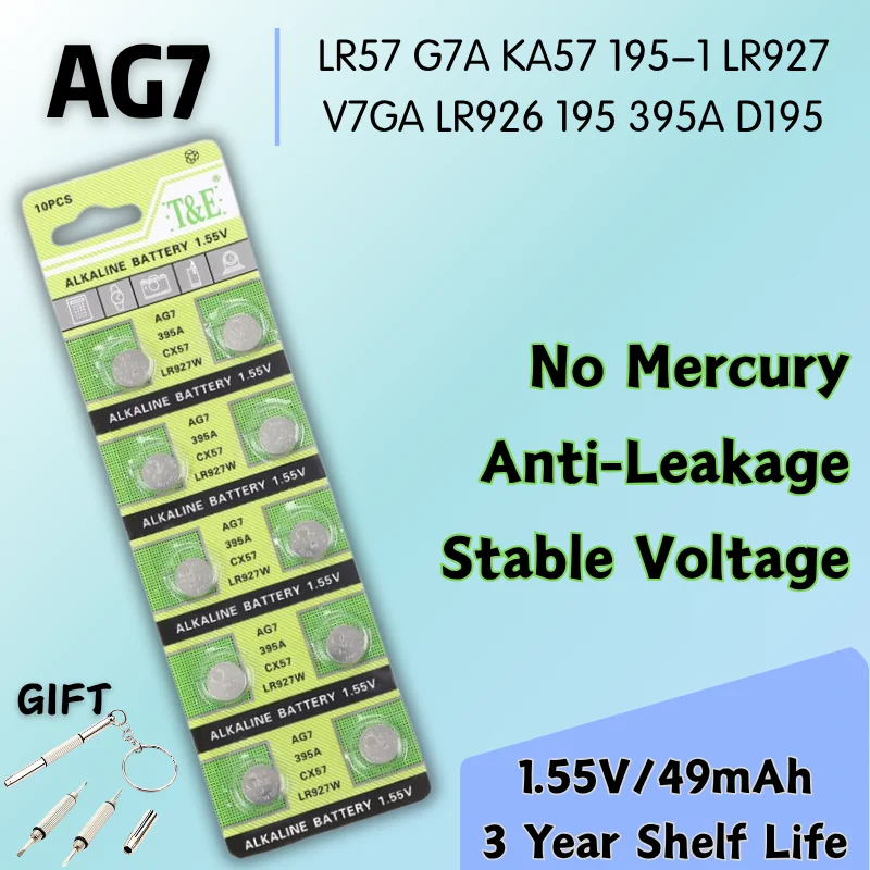 

2-50pcs AG7 LR57 G7A KA57 195-1 LR927 V7GA LR926 D195 Watch Battery 1.55V 395A Button Coin Cell LED light Batteries For Toy