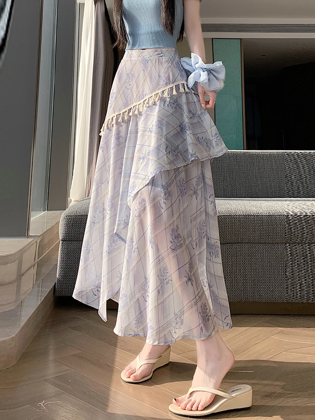 

Floral Lace A-Line Midi Skirt Women's Summer 2026 New Asymmetrical High Waist Slimming Skirt Elegant Polyester Fiber Casual