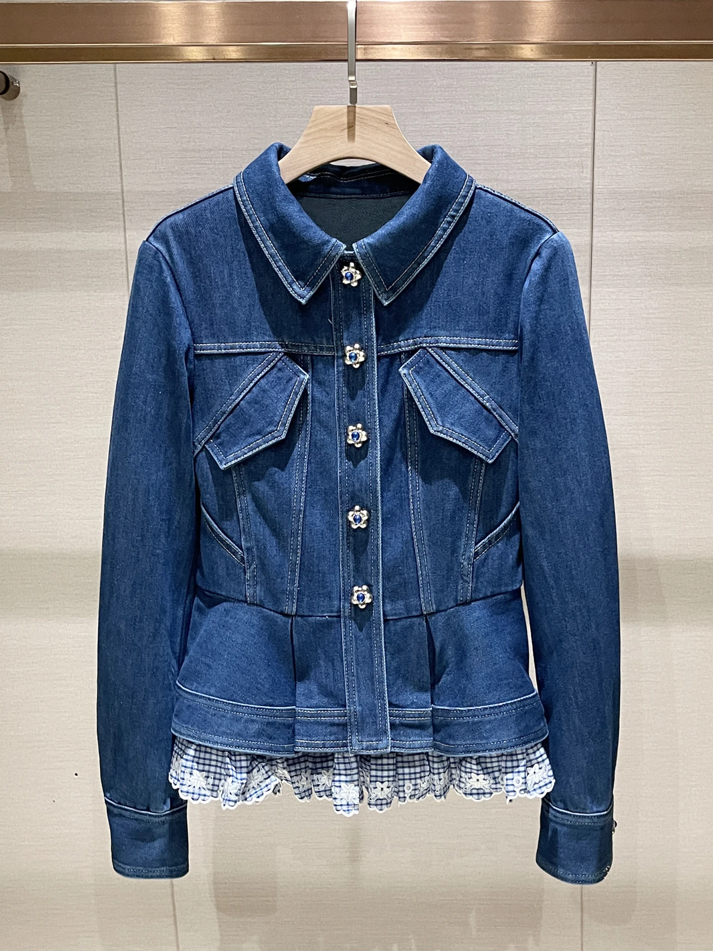 

Облегающий синий джинсовый воротник с отложным воротником, облегающий талию, осенне-зимний новый женский стиль премиум-класса для поездок на работу