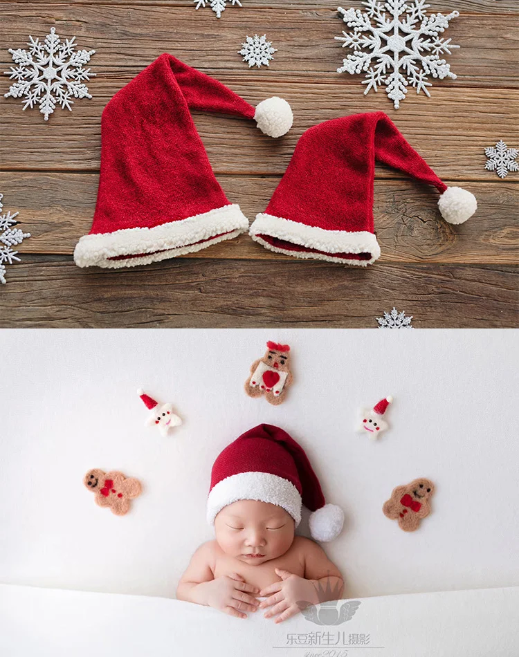 Christmas Hat Stretch Wool Knitted Pile Newborn Photography Props Baby Photo Hat Hundred Day Baby Shoot Headwear Christmas Theme