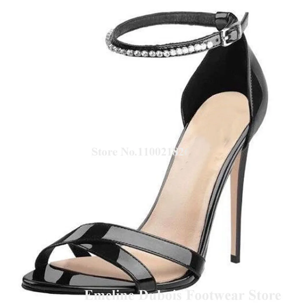 Elegant Black Patent Leather Rhinestones Sandals Emeline Dubois Open Toe Ankle Crystals Straps Stiletto Heel Wedding Heels