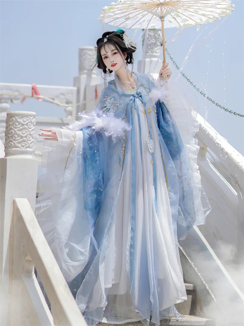 

Original Tang-style chest-length Hanfuwomen'snew summer large-sleeved shirt, ethereal and flowing, cape and cape embroidered set