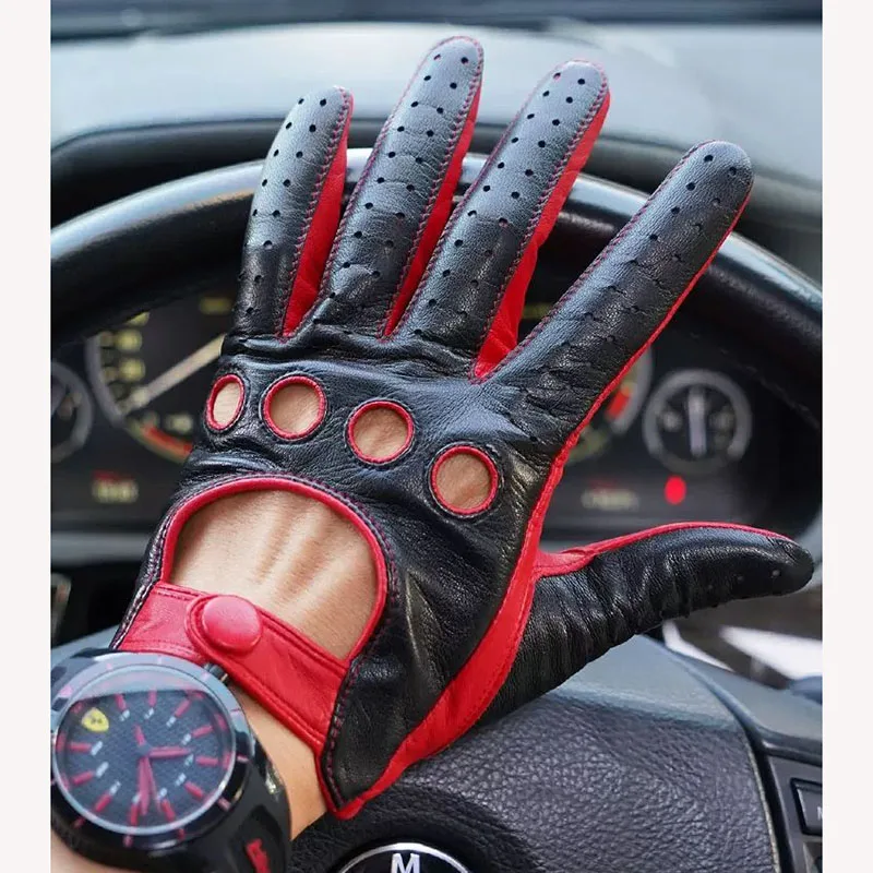 Men Leather Gloves Vintage Motorcycle Riding Driving Real Leather Touchscreen Non-slip Wear-resistant Thin Lambskin Gloves M-152