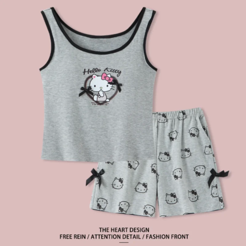 Miniso Sanrio Hellokitty Casual Pajamas Suit Sleeveless Pad Tops Shorts 2 Pieces Girls Bowknots Grey Sleepwear Women Clothes