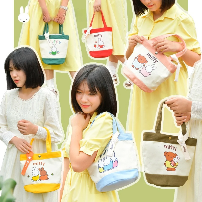 Miffy mini sacola dos desenhos animados coelho vibrante dopamina cor balde de água bolsa durável lona saco portátil para uso diário & viagens