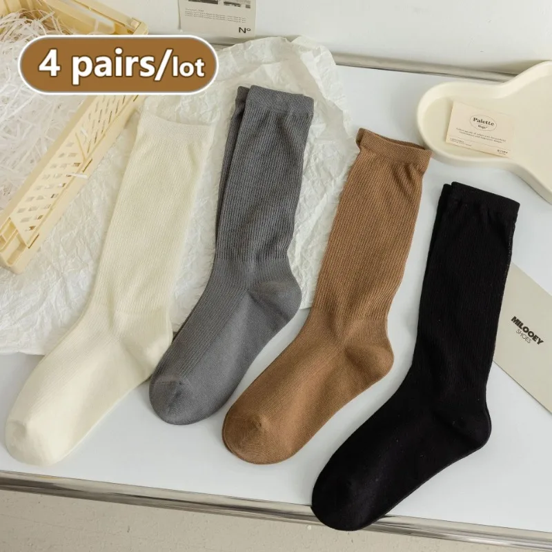 Spring Autumn Socks Women Harajuku Breathable Gentle High-Grade Cotton Versatile Pile Sock Ballet Style 4 Pairs Long Socks Set