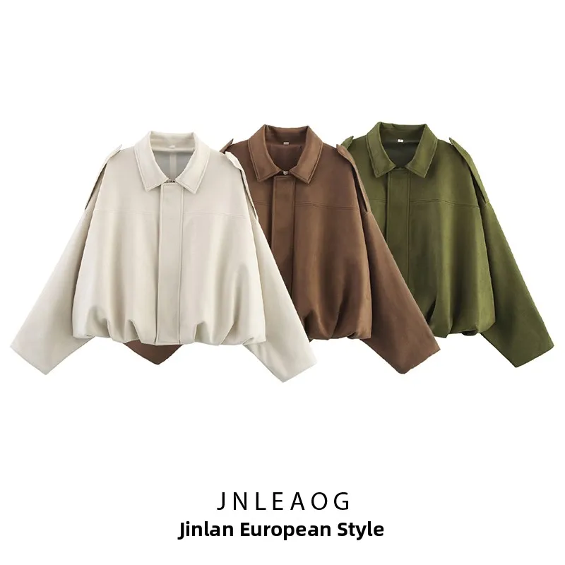 

JNLEAOG Faionable Velvet Texture Pilot Jaet Outerwear Women's Autumn New Sle Versatile Zipper Decorated Loose Fit Polye...