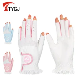 TTYGJ Summer Golf Women's Gloves PU Leather Thin Open Finger Breathable Lace Lace Outdoor Anti slip Gloves