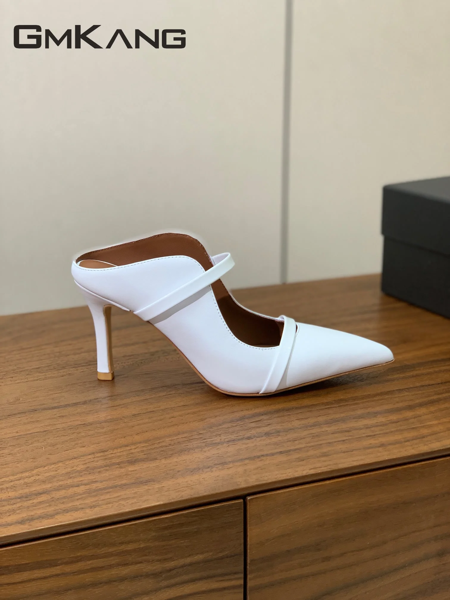Women Leather Pointed Toe Mules Double Thin Strap Stiletto Heel Slides Elegant Office Wedding Party Slip On High Heel Sandals 6