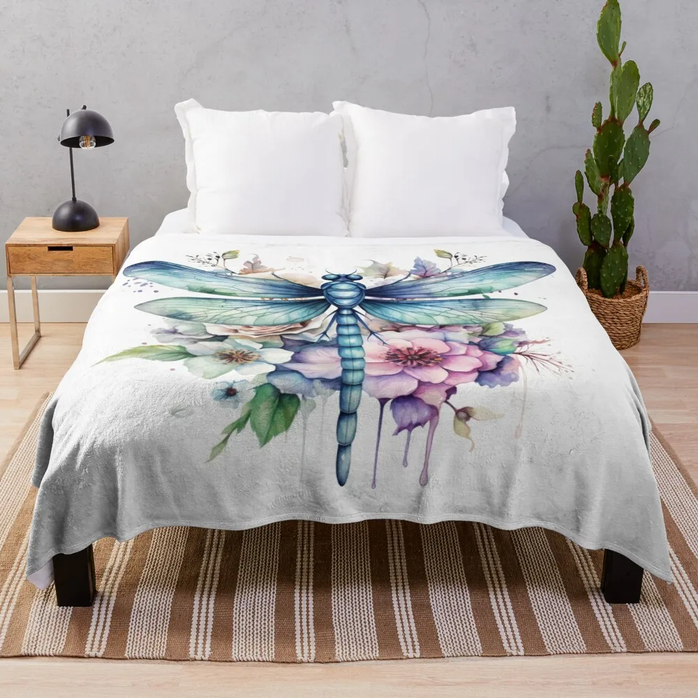 

Magical Mystical Colorful Watercolor Floral Boho Dragonfly Throw Blanket Flannel Stuffeds Blankets