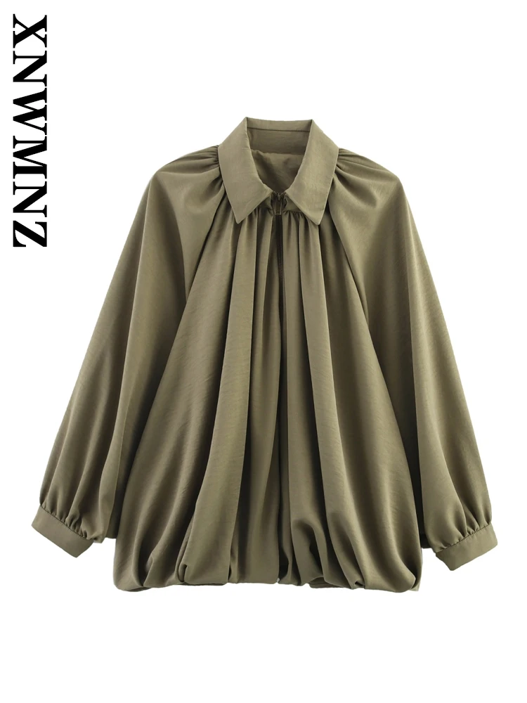 

XNWMNZ 2025 Spring Lady Chic Long Sleeve Turn-down Collar Coat Casual Women Clothing Green Outerwear Vintage Tie Bomber Jacket