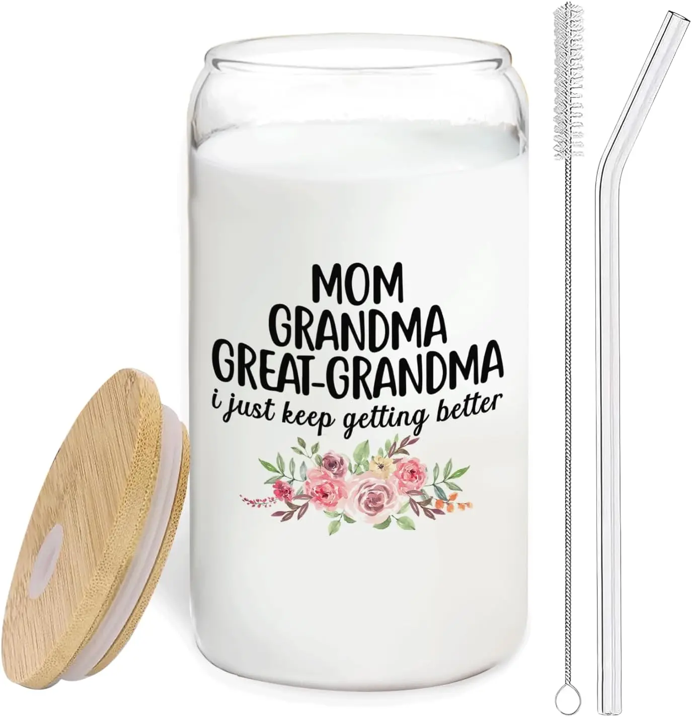 

Great Grandma GiftsBaby Announcement Glass Cup with Lids and Straws 14oz, Pregnancy Announcement for Great Grandma, Glass Coffee