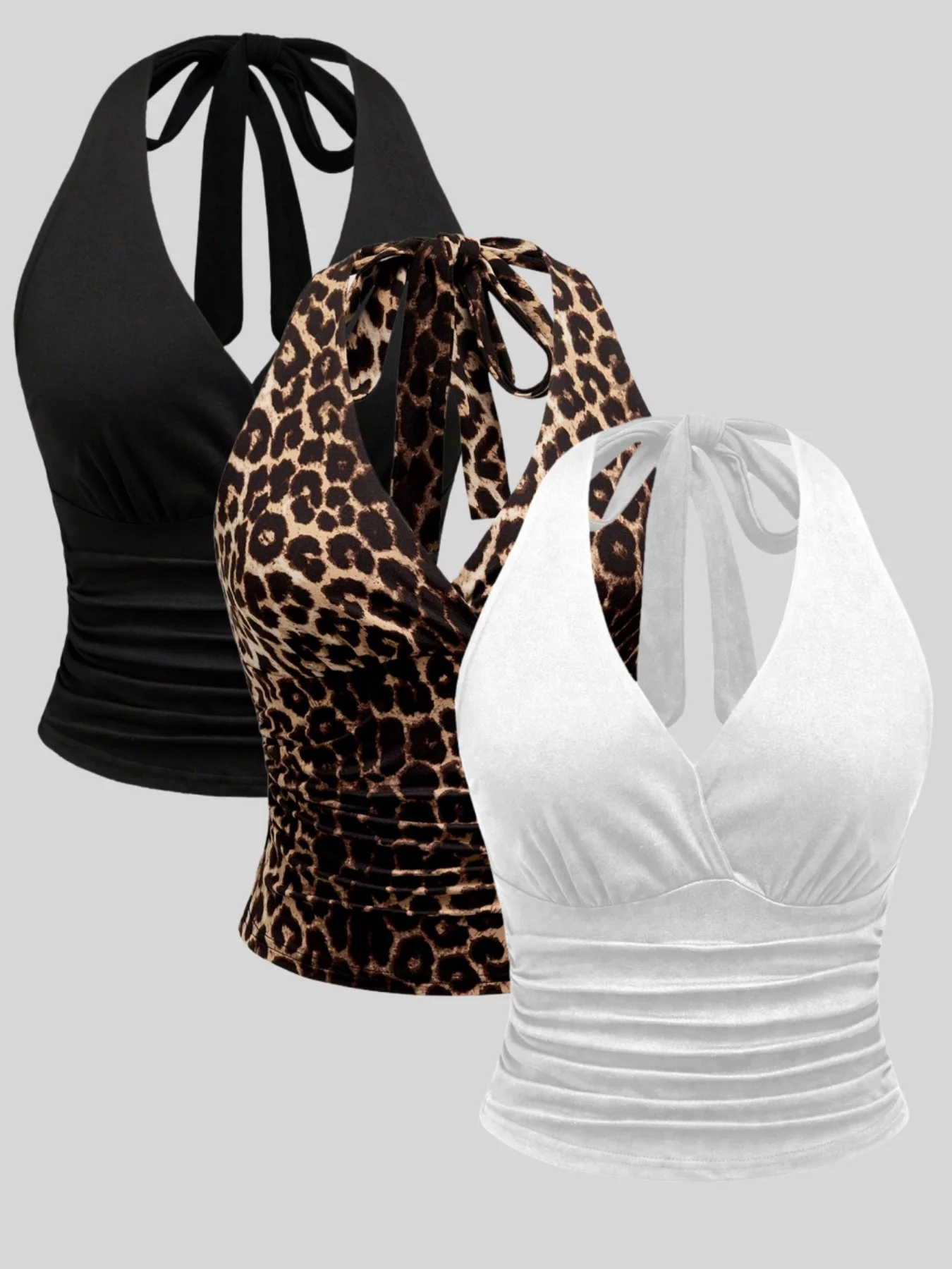

Plus Size Women's 3 Piece Halter Top Set Leopard Print & Solid Ruched Waist Sexy Cami Tops