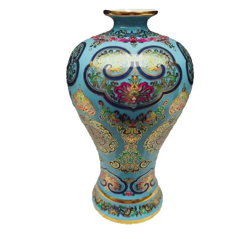 مزهرية من البورسلين الصينية القديمة المينا الزرقاء طول العمر منقوشة تصميم البرقوق زخرفة ديكور عتيقة