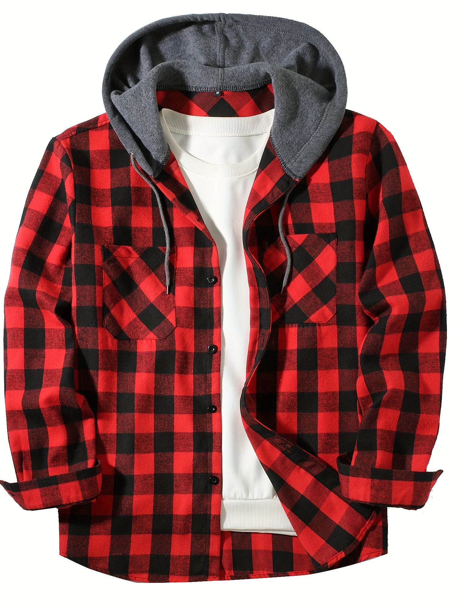 New four seasons plaid hooded shirt European and American size double bag cover hooded shirt men\'s trend slim-fit hooded shirt