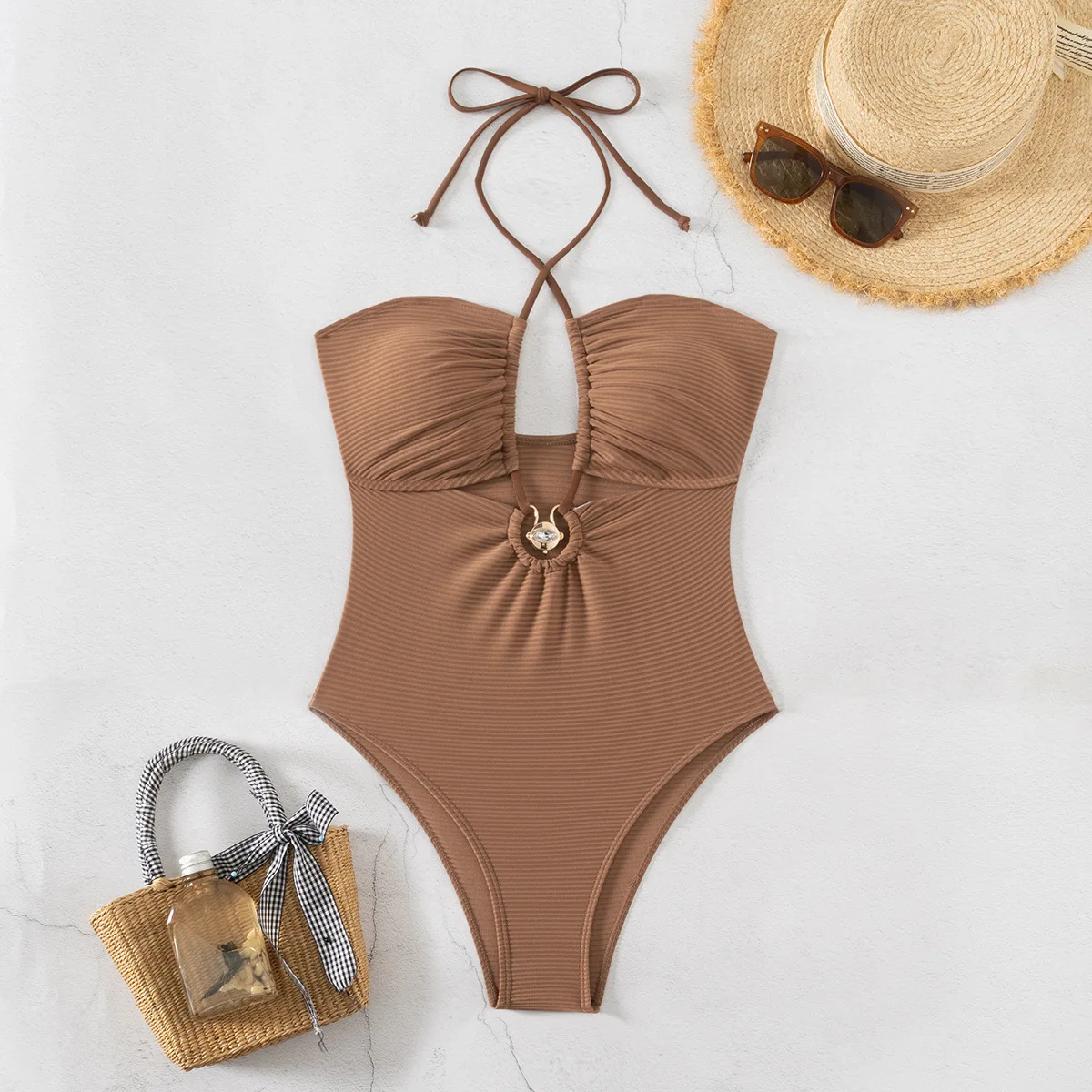 new European and American sexy hollow lace-up one-piece swimsuit pure desire neck halter slim soak hot spring vacation swimming