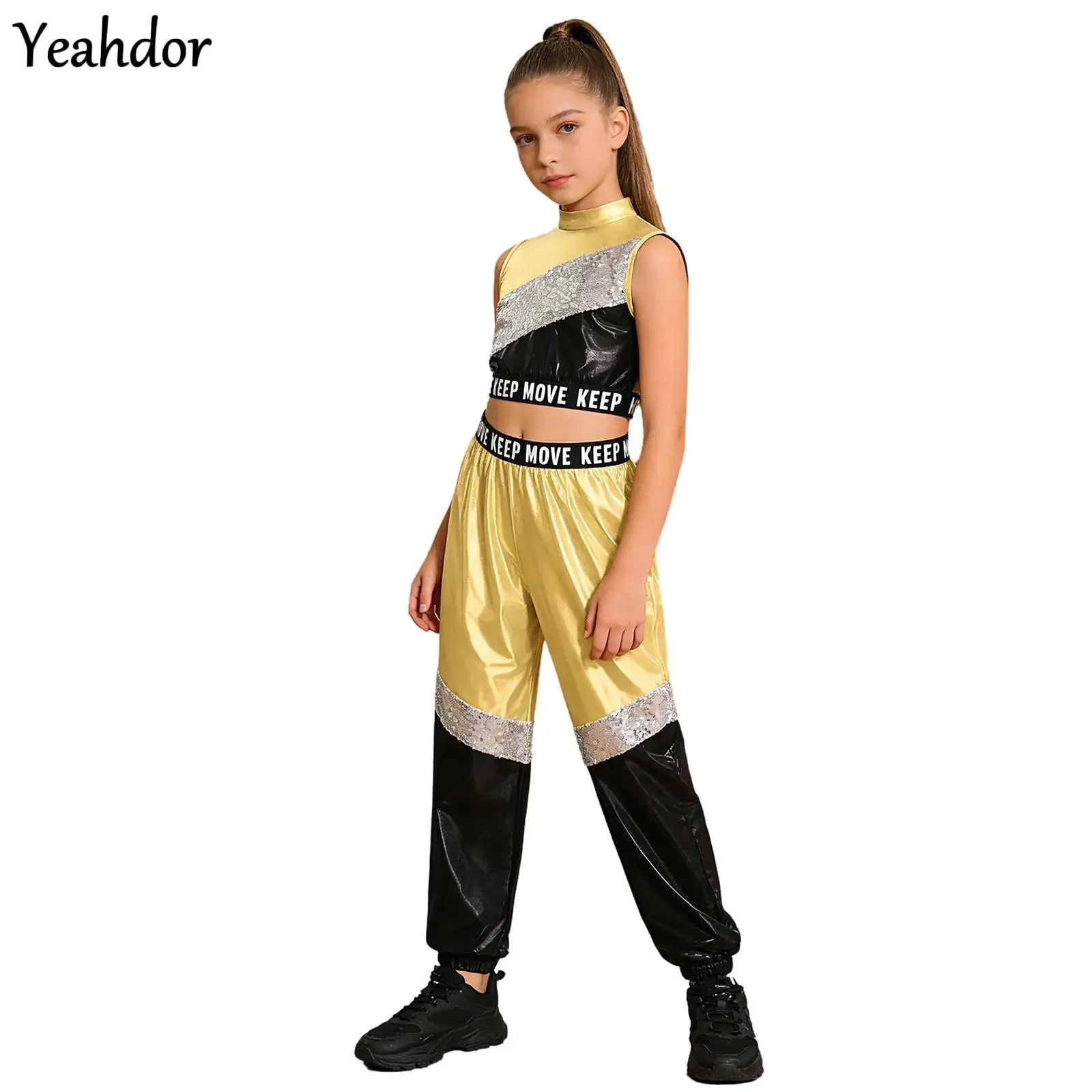 

Kids Girls Hip-hop Jazz Dance Costume Keyhole Back Letter Print Vest Sequins Color Block Metallic Crop Top with Pants Streetwear