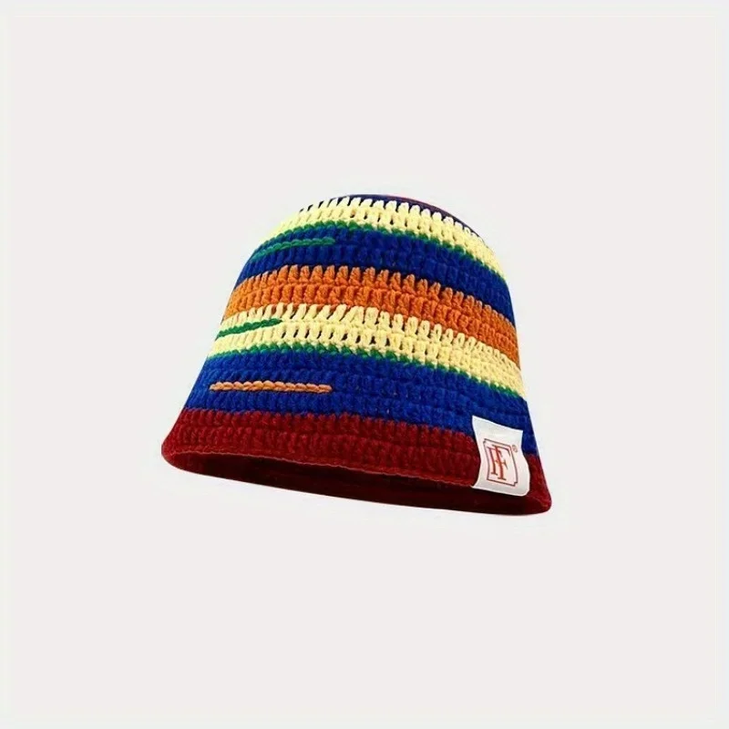 

Color Block Striped Knitted Fisherman Hat Soft Breathable Warm Beanie for Outdoor Dopamine Fashion Trends