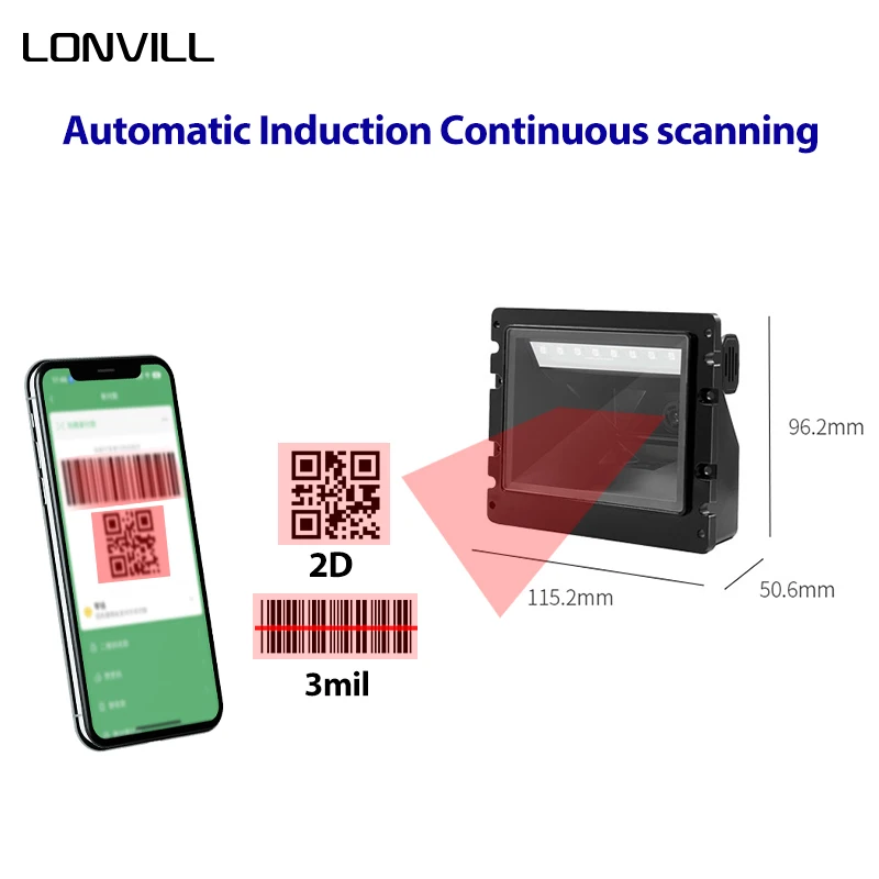 LONVILL Big Window Barcode Module CMOS Sensor USB RS232 Interface 1 Year Warranty Embeded Code Scanner for Self-service Machines