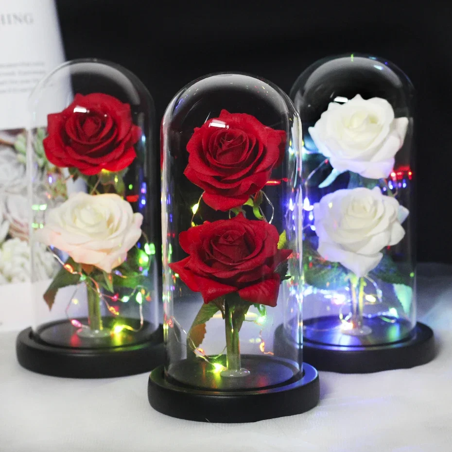 

Two Rose,Forever Rose In Glass Dome, Eternal Red Rose,Preserved Rose, Romantic Gift to Girlfriend/Women,Birthday/Christmas deco