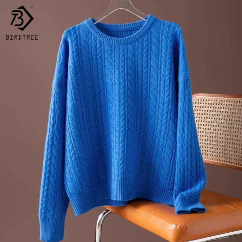 

Birdtree, вязаный свитер из 100% овечьей шерсти, базовые топы в стиле ретро, женский трикотаж с круглым вырезом и длинными рукавами, осенний синий пуловер 2025 T5O527JF