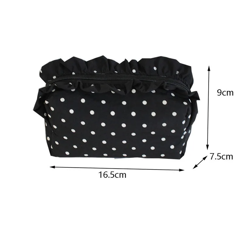 Vintage Polka Dot Cosmetic Bag Ruffle Edge Decor Large Capacity Makeup Pouch Women Portable Travel Skincare Storage Organizer