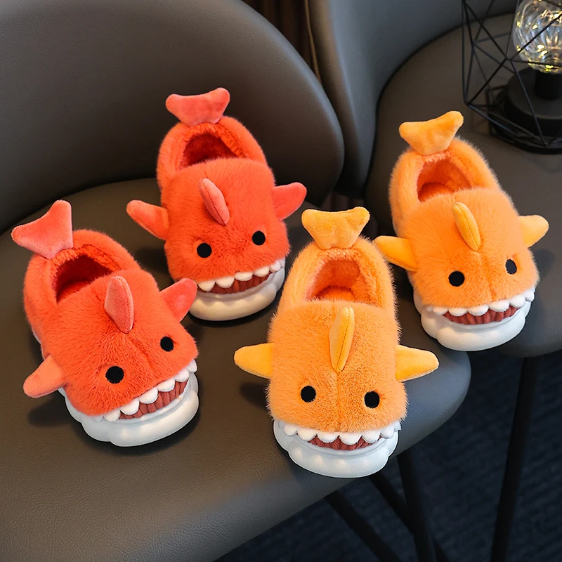 Winter Heel Wrap Cotton Slippers Children\'s Cute Cartoon Shark Non-slip Soft Sole Kids Boys Girls Junior Warm Plush Home Shoes