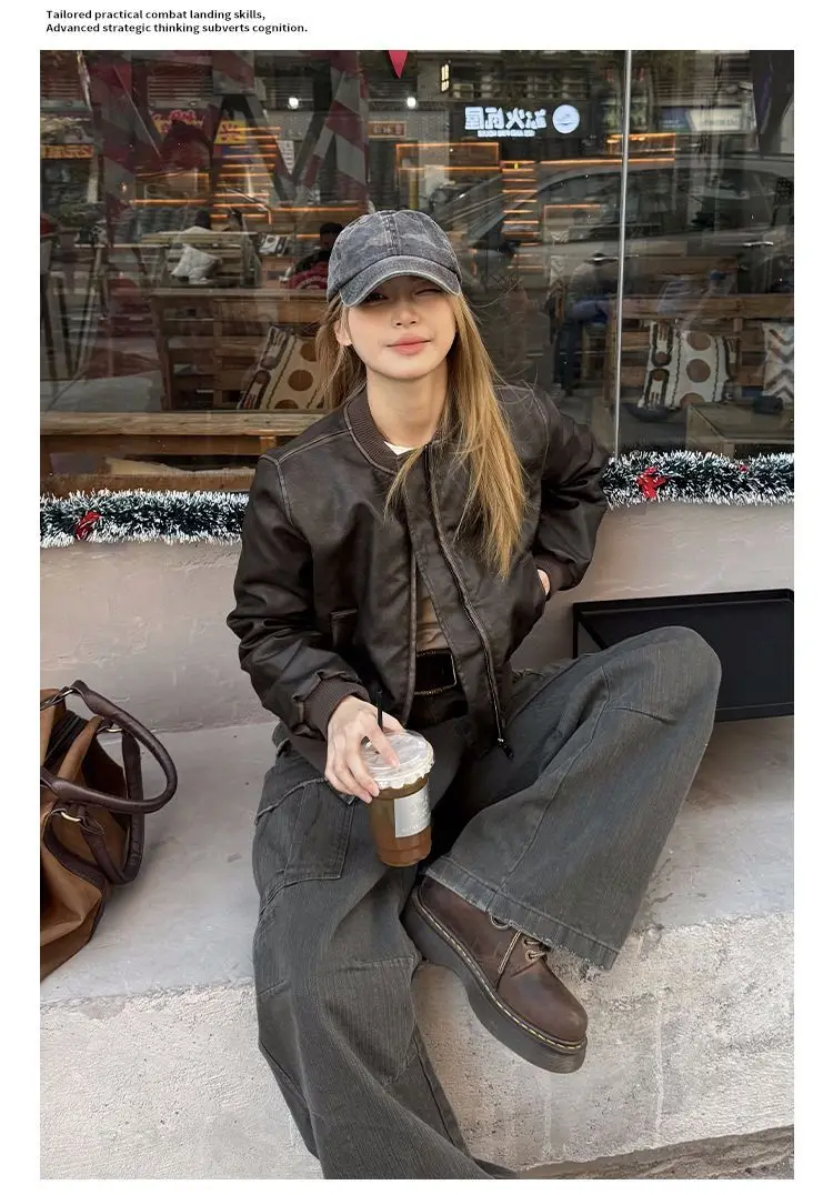 

Bomber Jackets Japanese Womens Fall Satin Stand-Collar Glitter Sequined Clubwear Party Buttoned Pleated Unique Event Lace-Up Ins