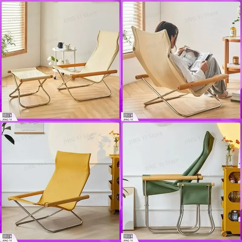 Japanese Style Folding Outdoor Chaise Lounge Chair Canvas Beach Chair Portable Lightweight Garden Patio Balcony Leisure Lawn