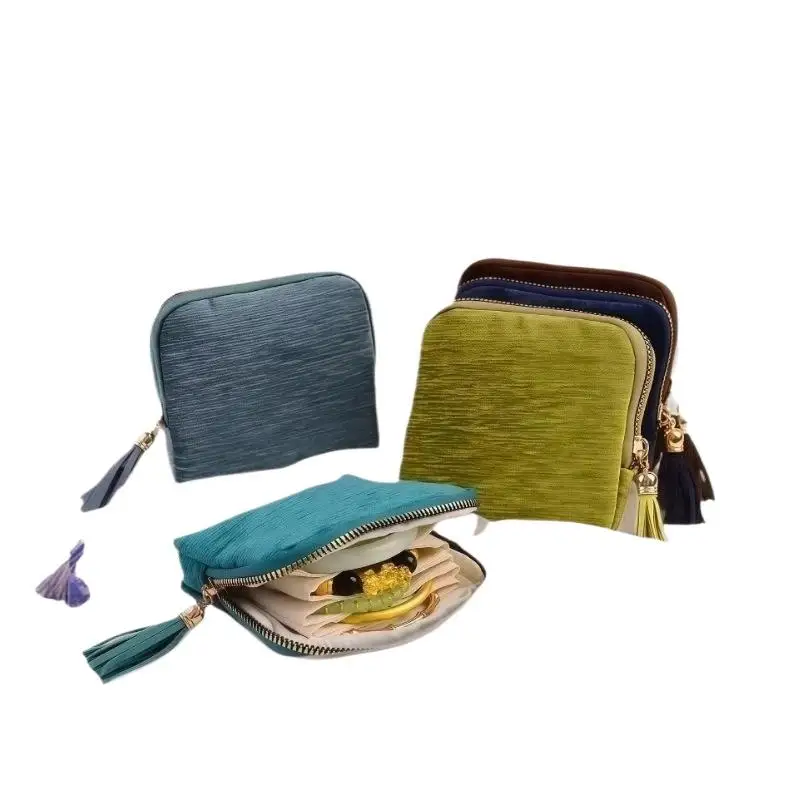 Tragbare Schmucktasche aus Samt mit 6 großen Fächern, Quasten und Reißverschluss, ideal für Reisen und den täglichen Gebrauch, zum Aufbewahren von Ohrringen, Ringen und Armbändern. – Detail 6