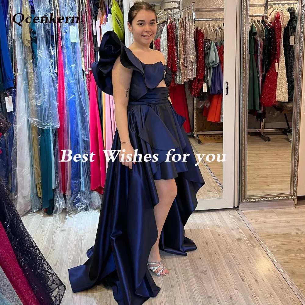 Qcenkern One-Shoulder Evening Formal Saudi Arabia Pleated High Low Navy Blue Party Dresses Gowns Women Robes de Soirée 2023