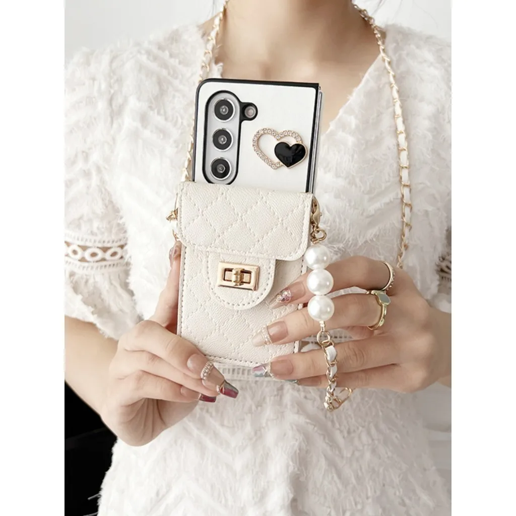 For Samsung Galaxy Z Fold 7 6 5 4 3 2 5G Love Heart Metal Buckle Lambskin Purse Card Bag Crossbody Long Chain Leather Case Cover