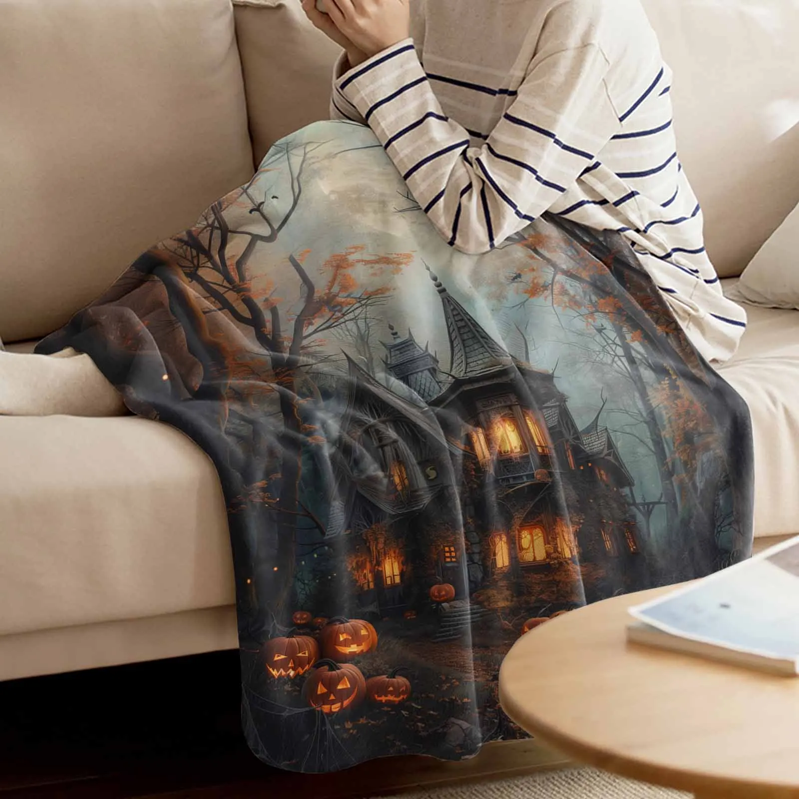 

Alloween Castle Pumpkin Retro Grove Throw Blanket for Sofa Warm Microfiber Flannel Blanket Bedroom Decor Blankets for Beds