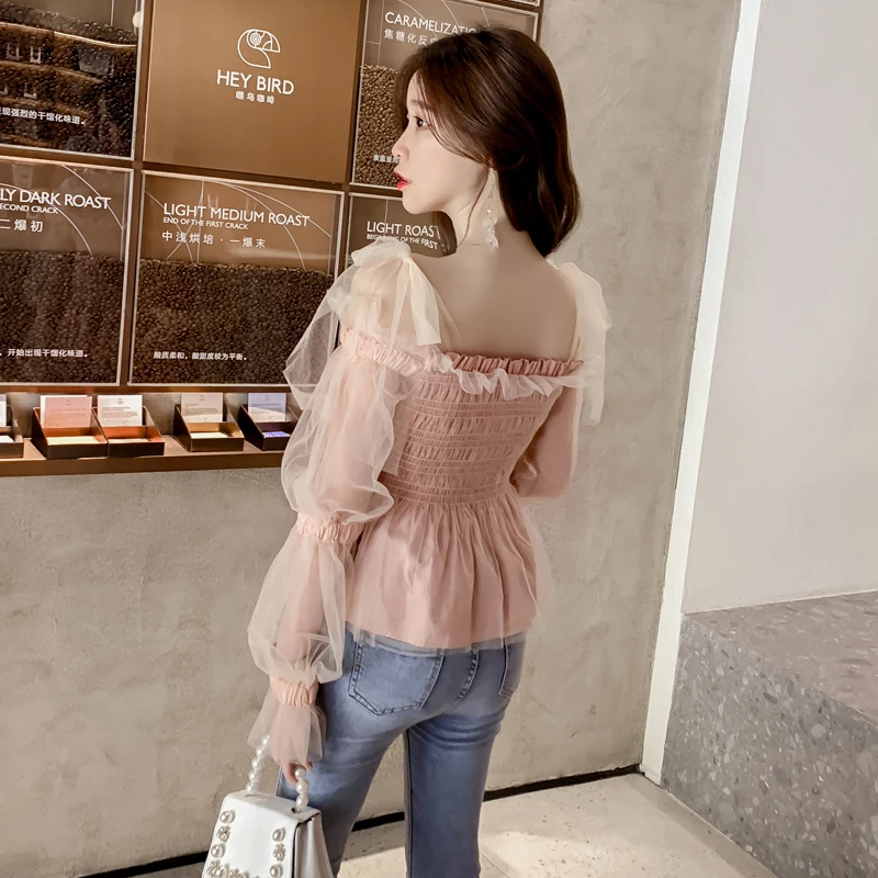 2022 New Spring Autumn Women Solid Crop Top Slash Neck Pink White Ruffles Mesh Blusas Long Sleeve Chic Feminine Bow Ladies Shirt