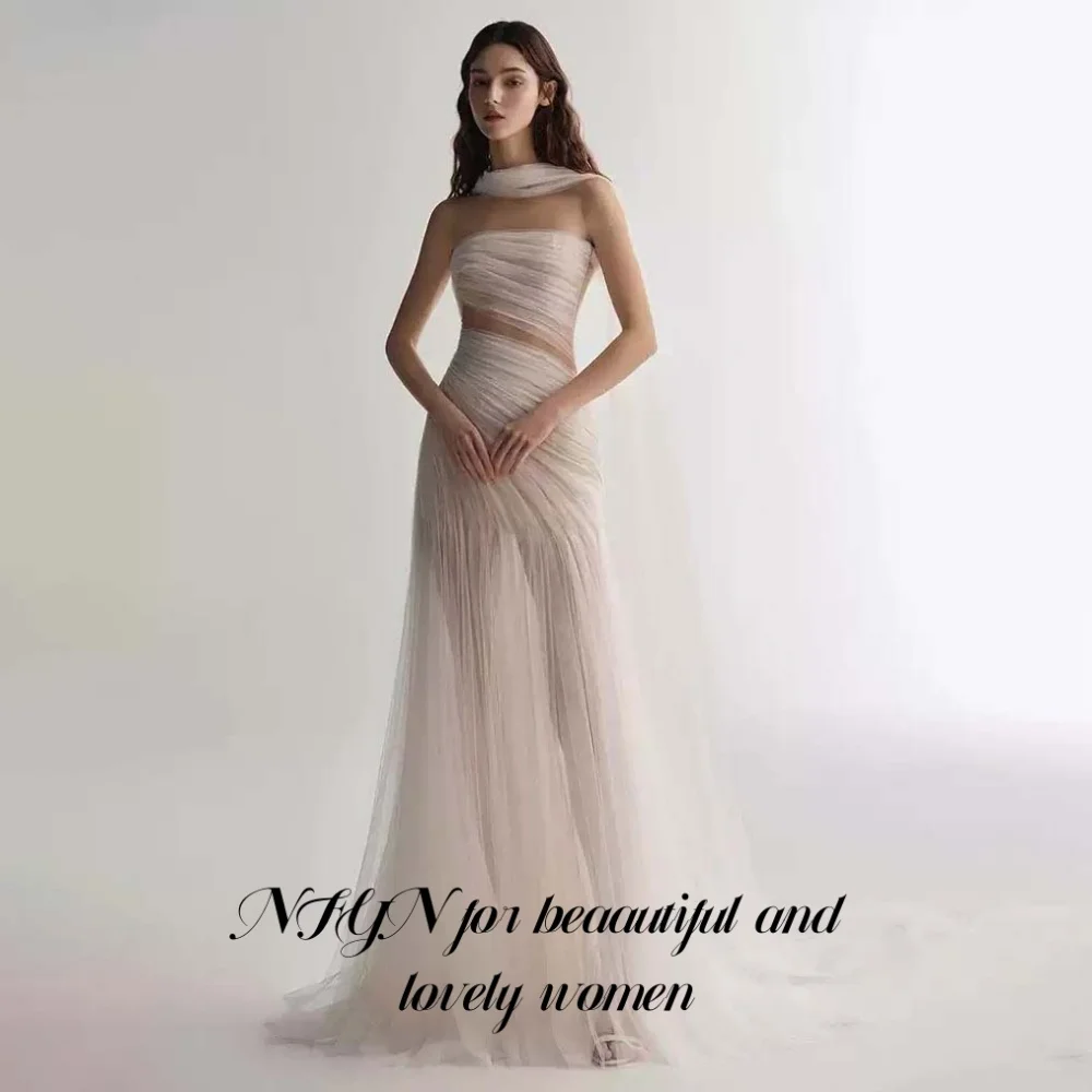 

NFYN White Elegant Prom Dress Strapless Sexy Backless Prom Gown Pleated Tulle Special Occasion Party Dresses 프롬 드레스 Customized
