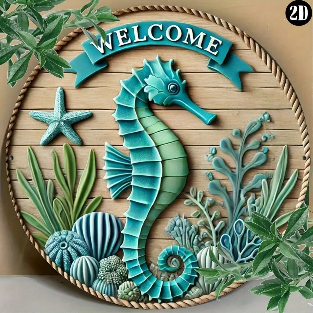 1 Piece 20X20Cm Vintage Ocean-Themed Wall Decoration—“Welcome to the Coast” Sign Engraved for Home Office (Seahorse/Starfish)