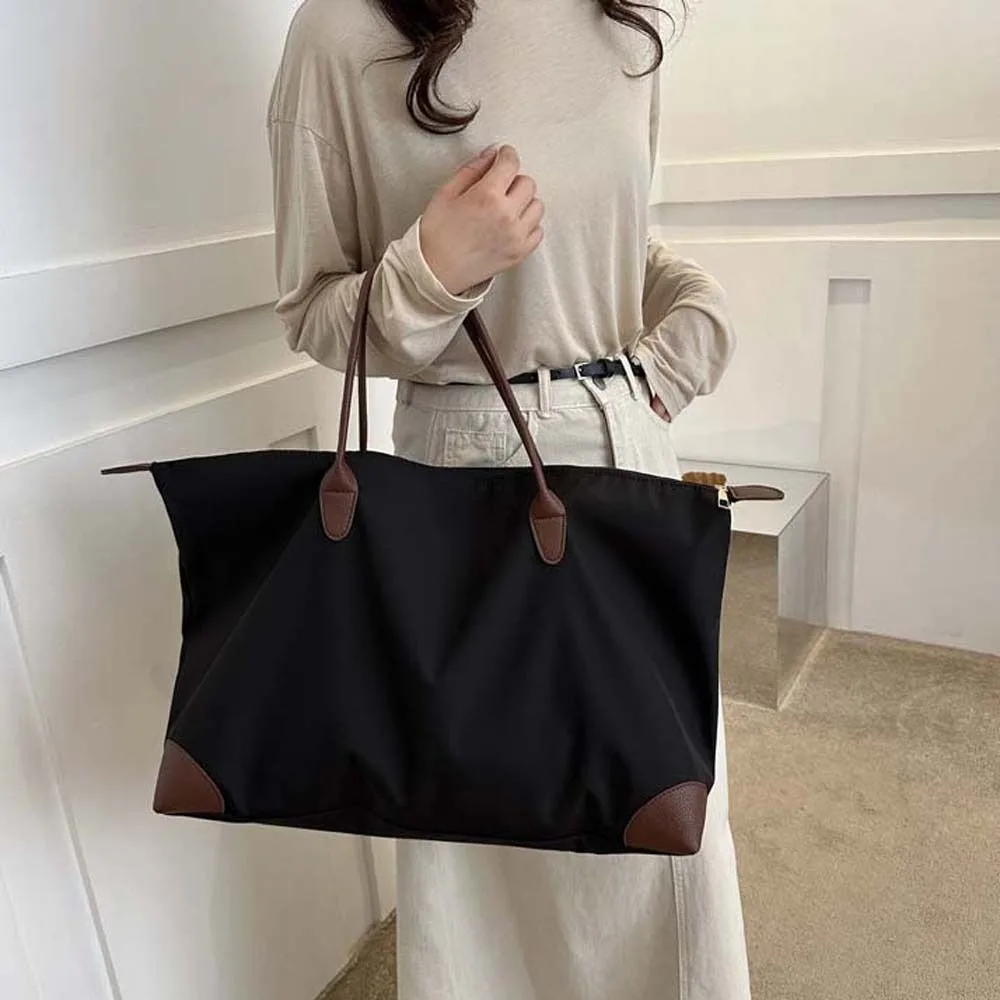 

Solid Color Oxford Tote Bag Waterproof Large Capacity Nylon Shoulder Bag Korean Style Leather Handbag Simple Underarm Bag