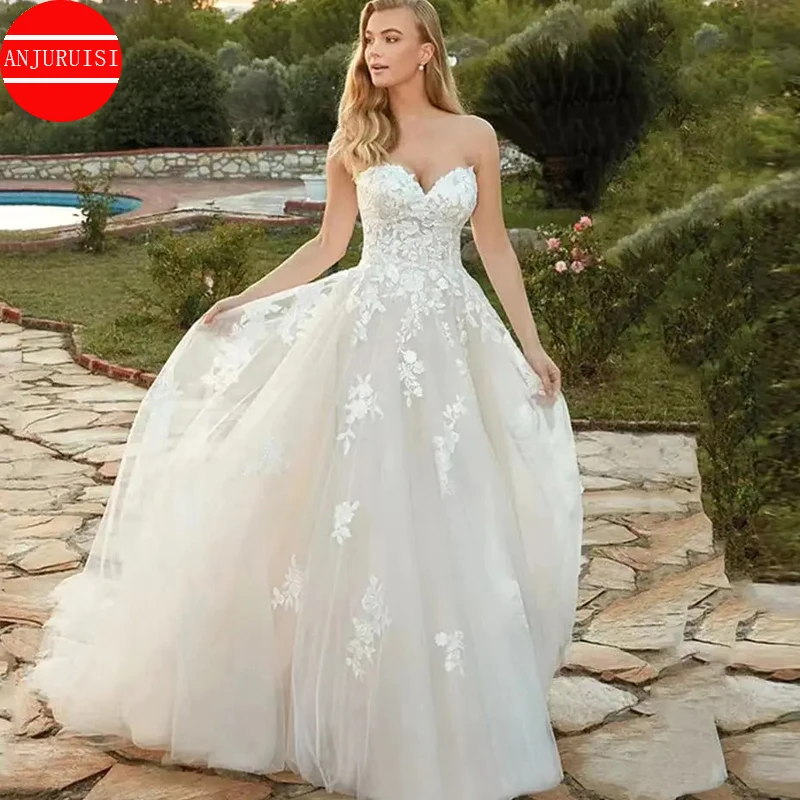 Vestido de novia largo hasta el suelo, prenda de playa, marfil, escote Corazón, ilusión, Apliques de encaje con lazo trasero, verano, 2024