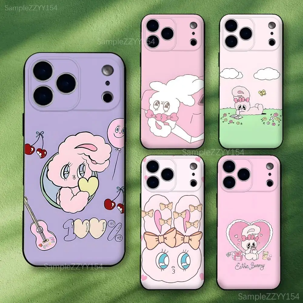 حافظة هاتف Esther Bunny Rabbit لهاتف iPhone 17,16,15,14,13,12,Pro,Max,Plus,E,SE4,Air,Mini Black Soft Funda