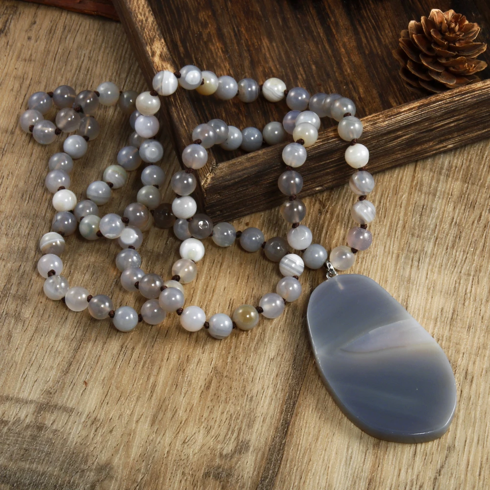 New 8mm striped gray agate knotted necklace with irregular agate pendant, sweater chain, bohemian style women\'s jewelry