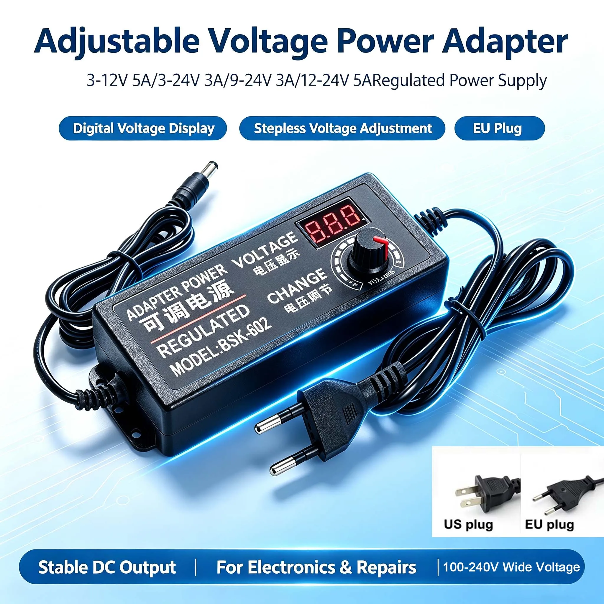 Us EU 100-240VAC 3-12V 3-24V 9-24V 12-24V 3A 5A Adapter Adjustable Power Supply DisplayScreen Regulated Knob Dc 5.5*2.5mm Input