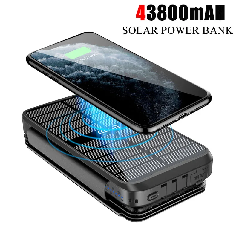 

43800 мАч Солнечная батарея Быстрое беспроводное зарядное устройство Внешний аккумулятор PD 20 Вт Powerbank Встроенные кабели Светодиодный светильник для iPhone Xiaomi