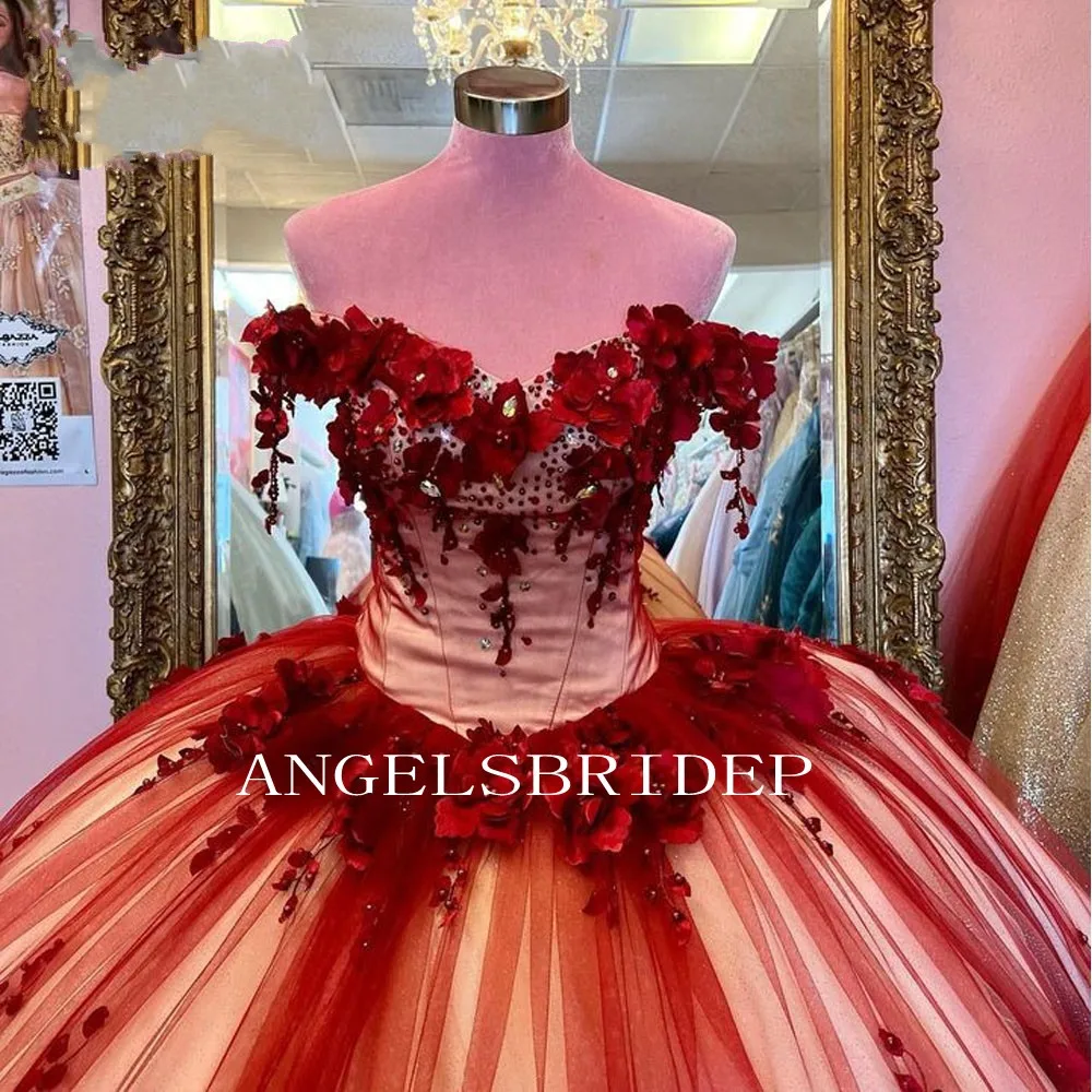 Angelsbridep-Vestido De baile rojo para quinceañera, Vestido con hombros descubiertos, flores 3D, Princesa, 15 años, 16 vestidos De Gala, 2023