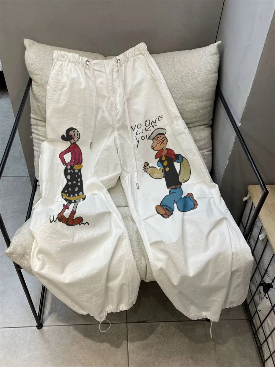 

Ретро-брюки унисекс в стиле High Street с контрастным принтом, повседневные рабочие брюки, летние американские свободные брюки с широкими штанинами на шнурке