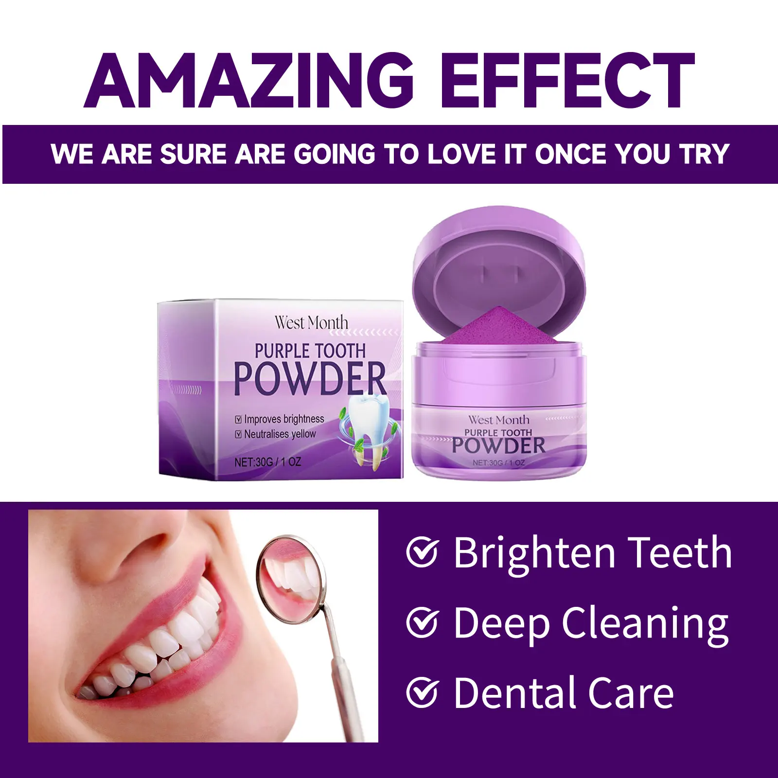 Purple Teeth Whitening Powder Cleaning Tartar Plaque Dental Stains Calculus Color Corrector Fresh Bad Breath Oral Hygiene Care