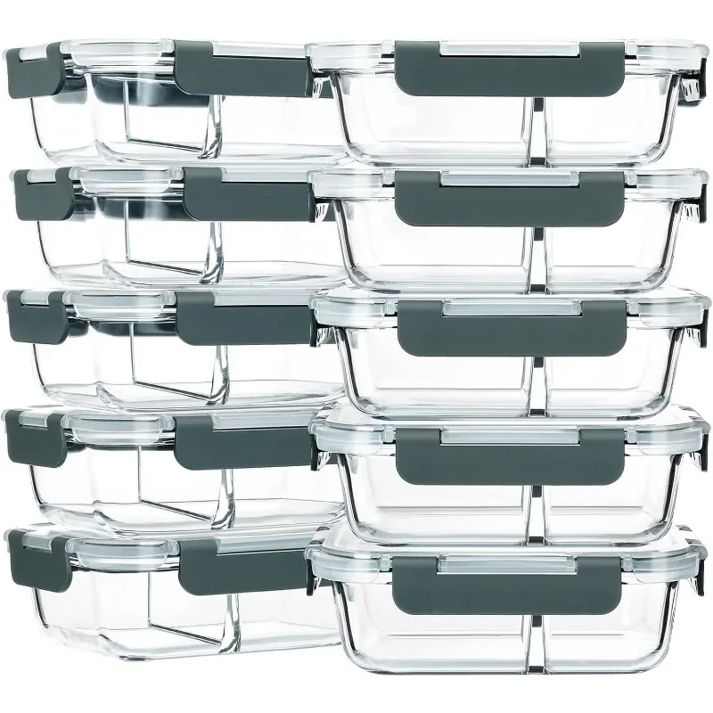 10-Pack,30 Oz Glass Meal Prep Containers 2 Compartments, Airtight Glass Lunch Bento Boxes with Lids, Glass Food Storage